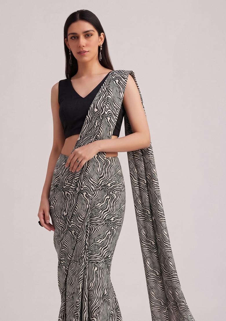 Black Printed Georgette Pre Draped Saree Set - Indya
