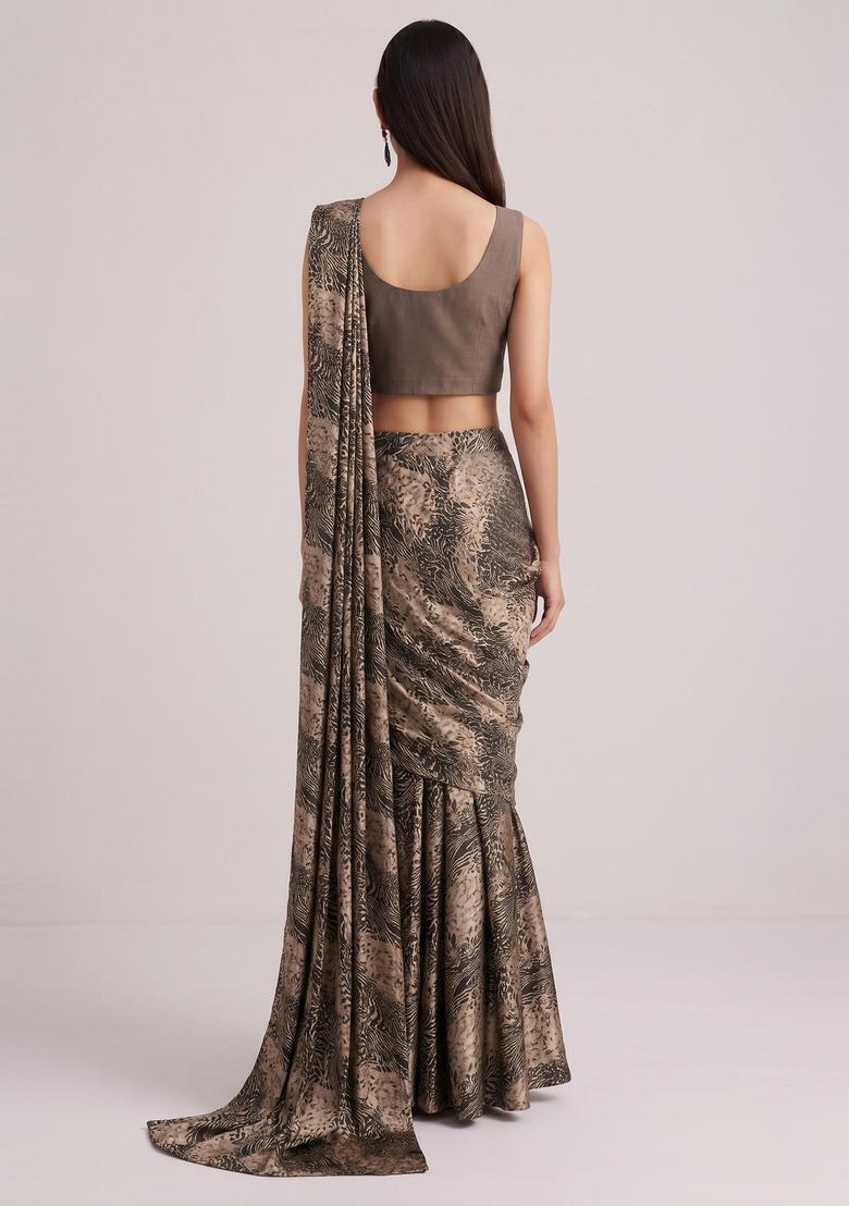 Brown Printed Georgette Pre Draped Saree Set - Indya