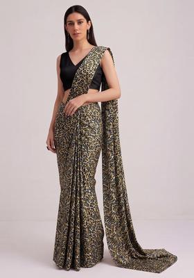 Grey Printed Georgette Pre Draped Saree Set