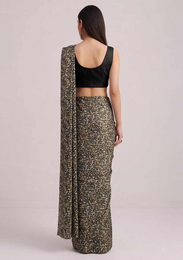Grey Printed Georgette Pre Draped Saree Set - Indya