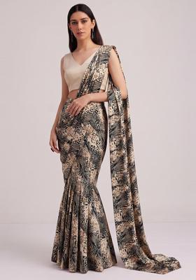 Champagne Beige Printed Georgette Pre Draped Saree Set