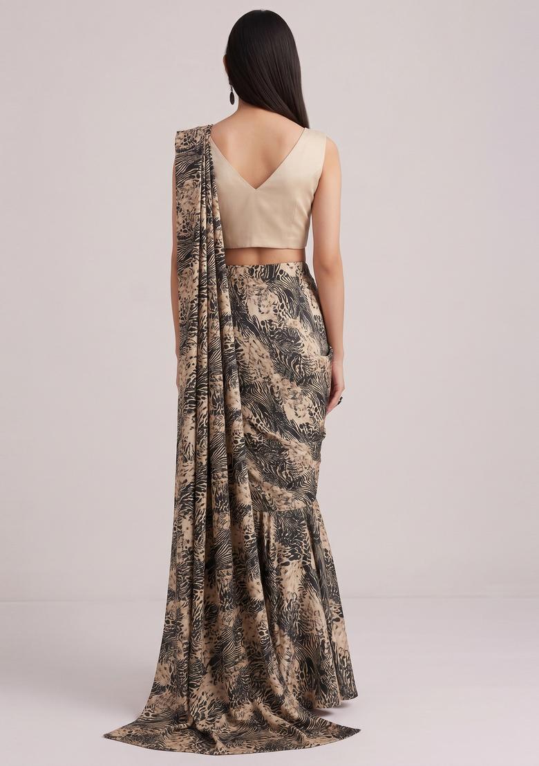 Champagne Beige Printed Georgette Pre Draped Saree Set - Indya