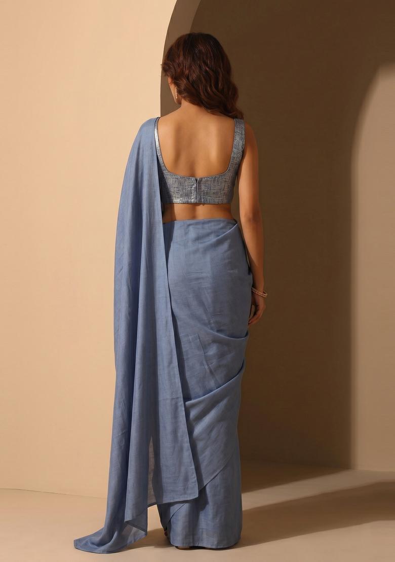Dusty Blue Solid Lycra Pre Draped Saree Set - Indya