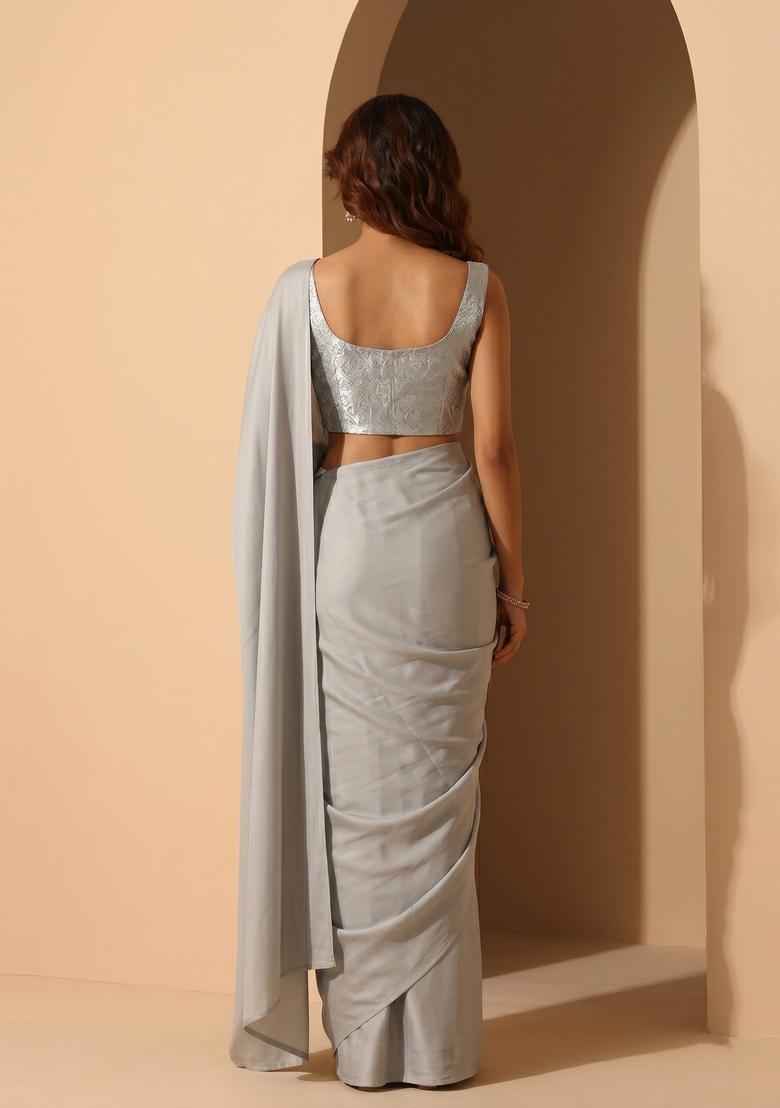 Gold Solid Lycra Pre Draped Saree Set - Indya