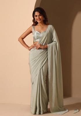 Pastel Green Solid Lycra Pre Draped Saree Set