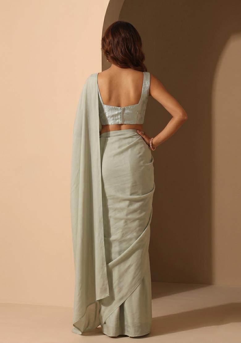 Pastel Green Solid Lycra Pre Draped Saree Set - Indya