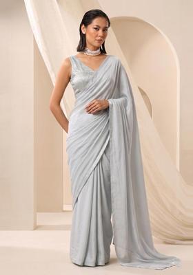 Light Grey Solid Crepe Pre Draped Saree Set
