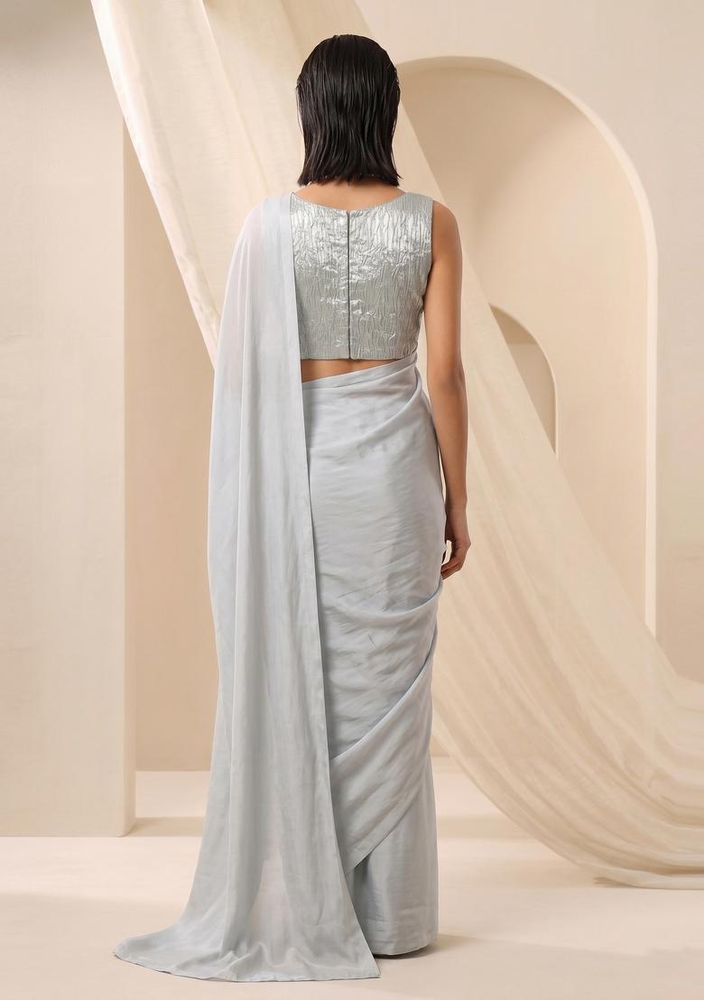 Light Grey Solid Crepe Pre Draped Saree Set - Indya