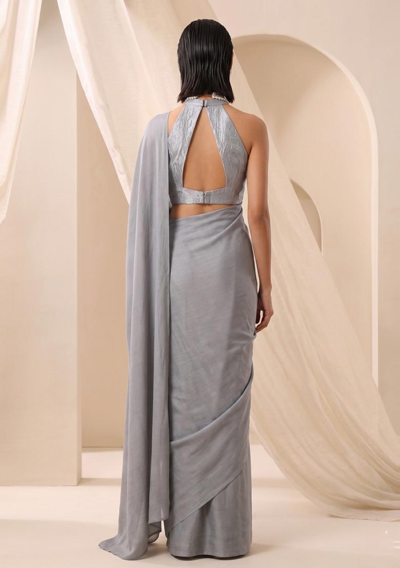 Grey Solid Crepe Pre Draped Saree Set - Indya