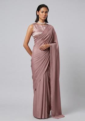 Dusty Pink Solid Crepe Pre Draped Saree Set