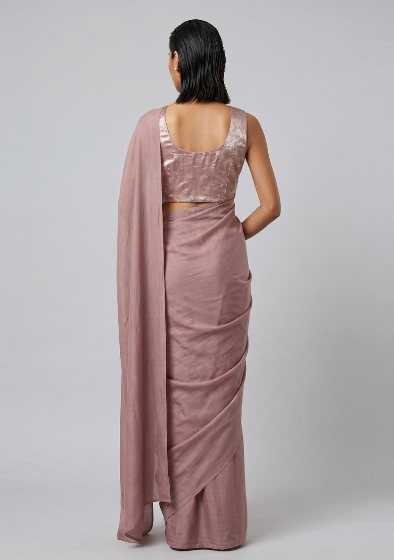 Dusty Pink Solid Crepe Pre Draped Saree Set - Indya