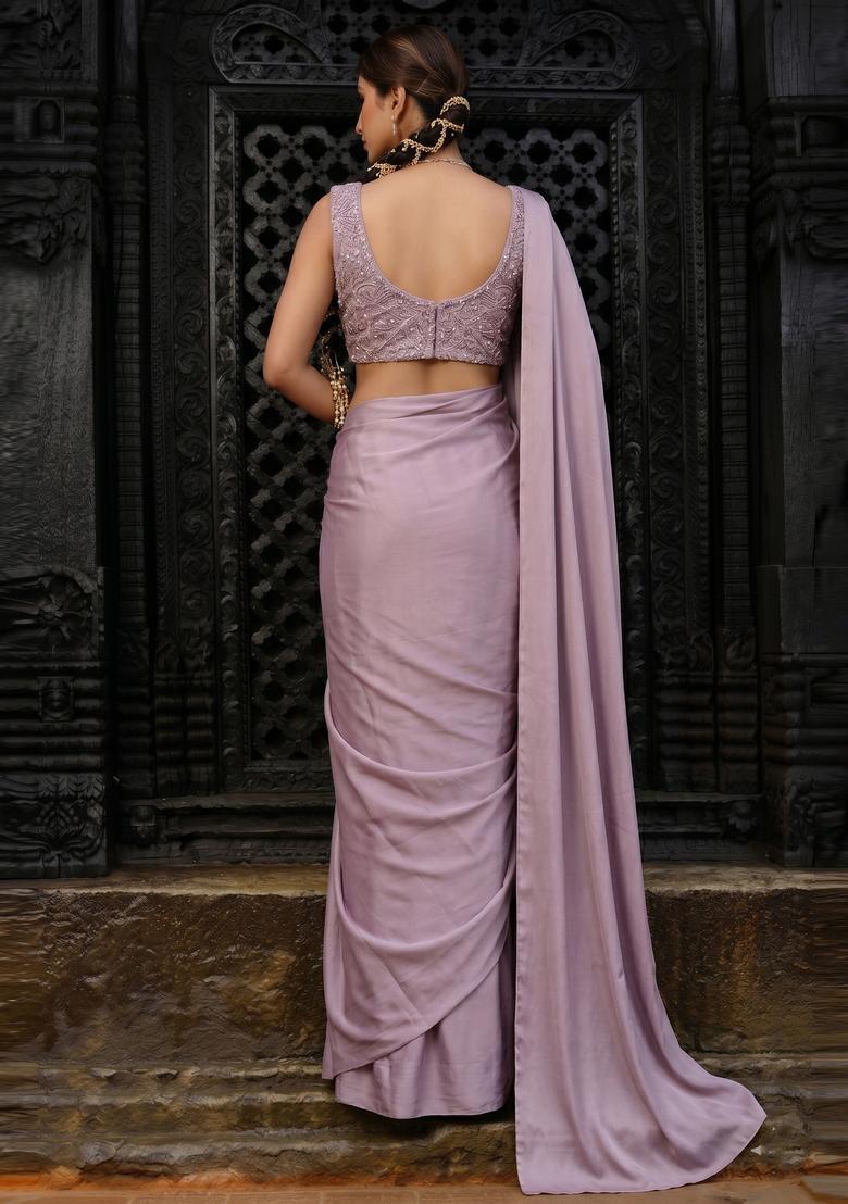 Pastel Lavender Embroidered Net Pre Draped Saree Set - Indya