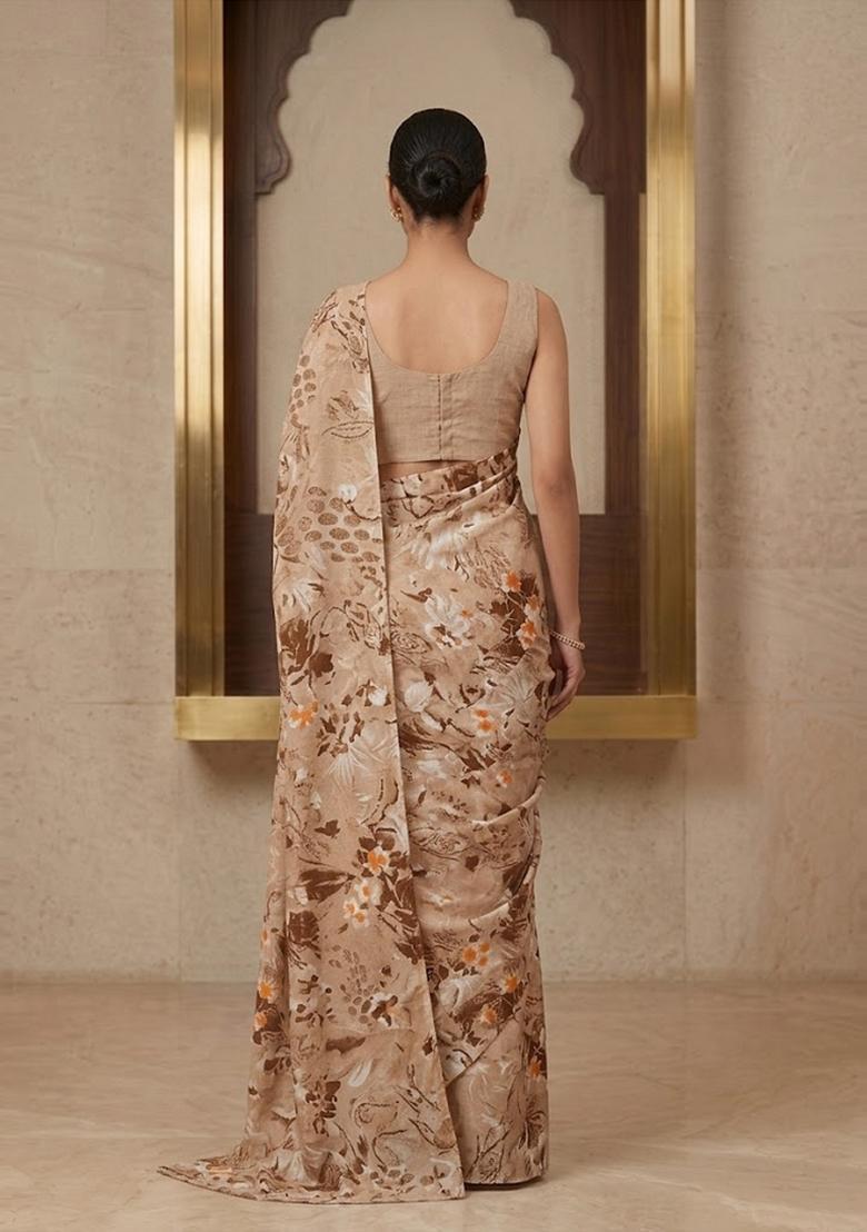 Beige Printed Crepe Pre Draped Saree Set - Indya