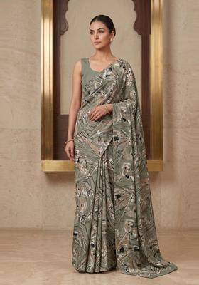 Sage Green Printed Crepe Pre Draped Saree Set