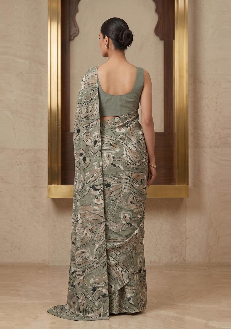 Sage Green Printed Crepe Pre Draped Saree Set - Indya