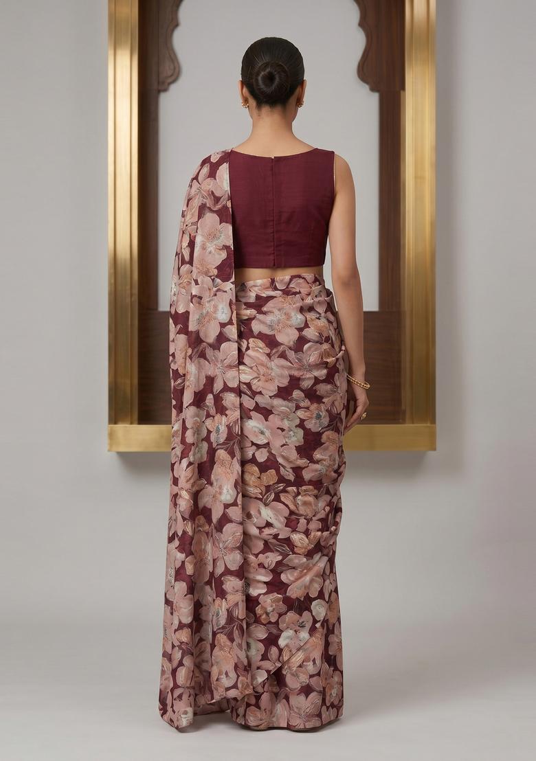 Deep Maroon Printed Crepe Pre Draped Saree Set - Indya