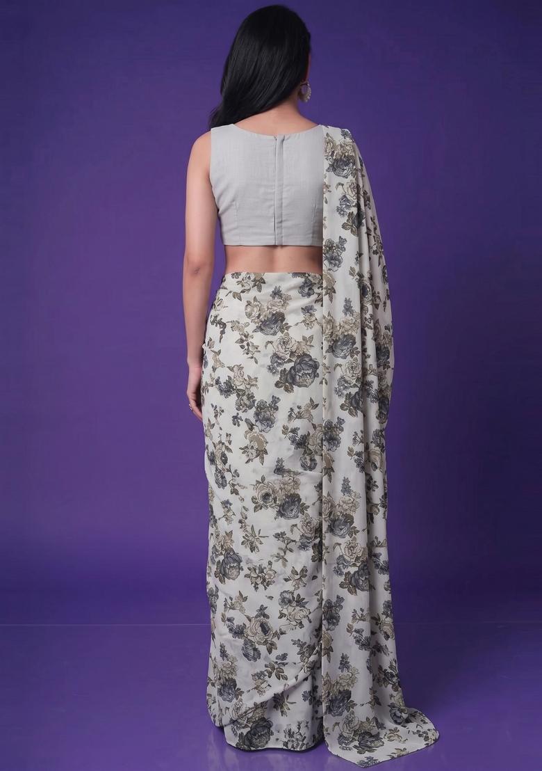 Light Grey Printed Crepe Pre Draped Saree Set - Indya