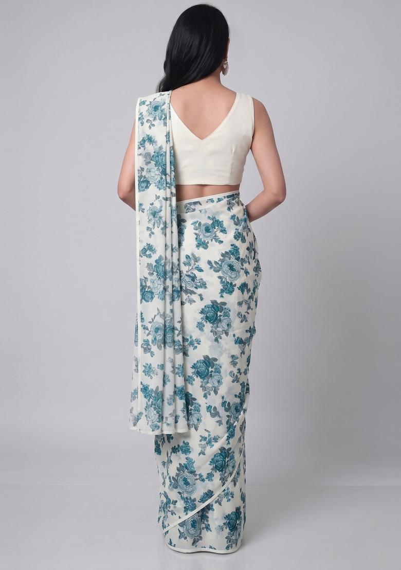 Off White Printed Crepe Pre Draped Saree Set - Indya