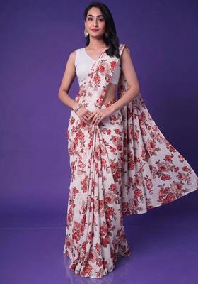 Off White Printed Crepe Pre Draped Saree Set