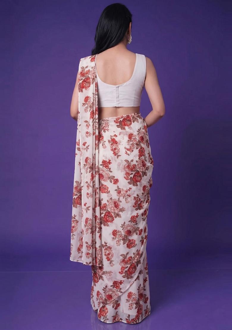 Off White Printed Crepe Pre Draped Saree Set - Indya