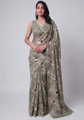 Sage Green Printed Crepe Pre Draped Saree Set