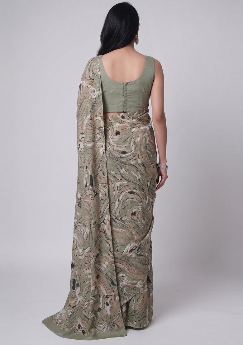 Sage Green Printed Crepe Pre Draped Saree Set - Indya
