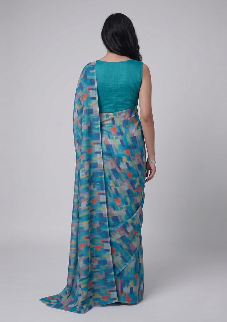 Teal Printed Georgette Pre Draped Saree Set - Indya