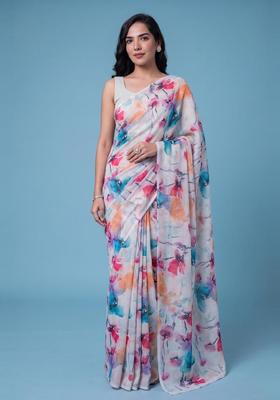 Off White Printed Georgette Pre Draped Saree Set