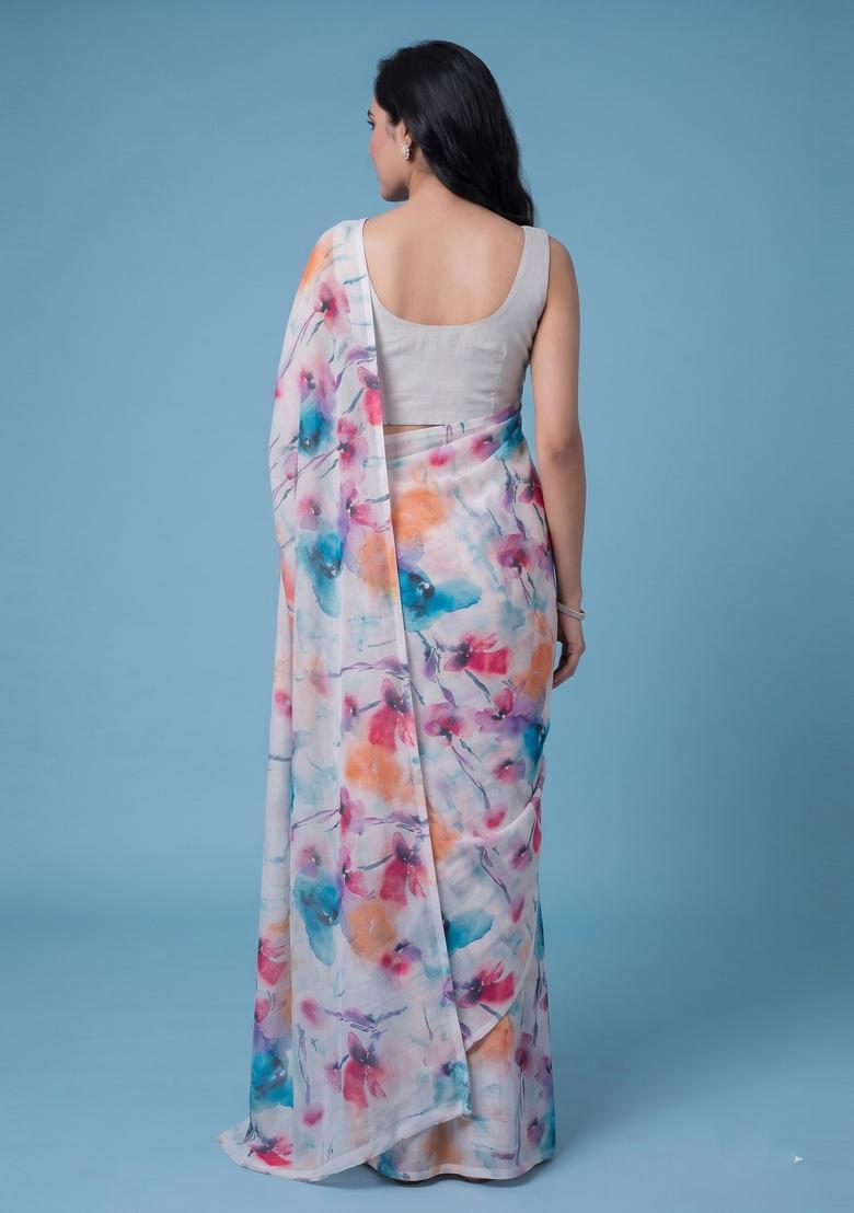 Off White Printed Georgette Pre Draped Saree Set - Indya