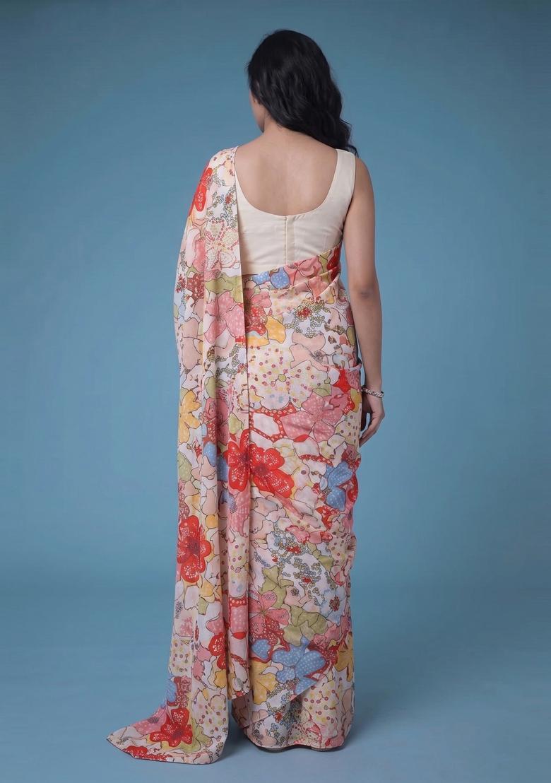 Multicolor Printed Georgette Pre Draped Saree Set - Indya