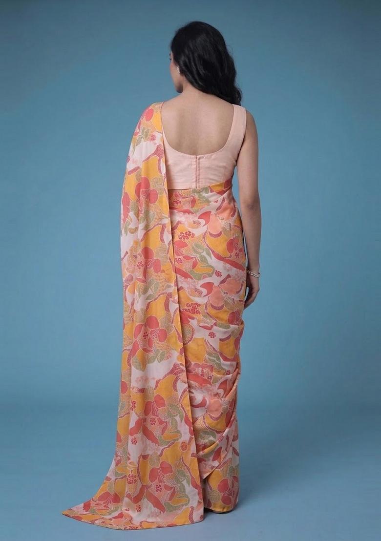 Multicolor Printed Georgette Pre Draped Saree Set - Indya