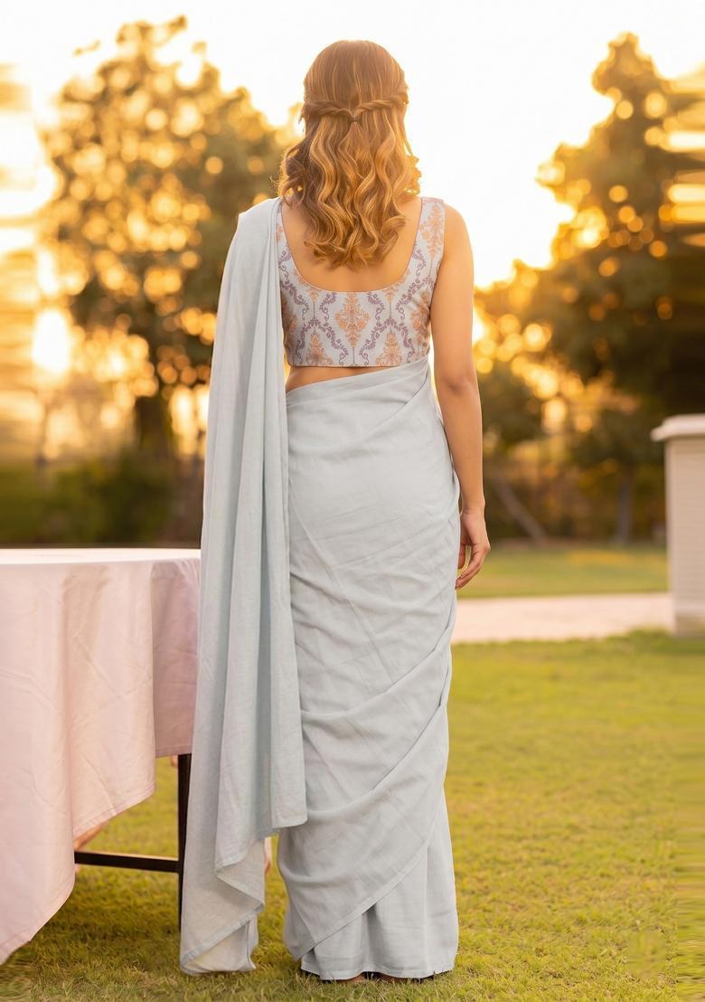 Light Grey Embroidered Georgette Pre Draped Saree Set - Indya