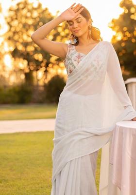 Off White Embroidered Georgette Pre Draped Saree Set