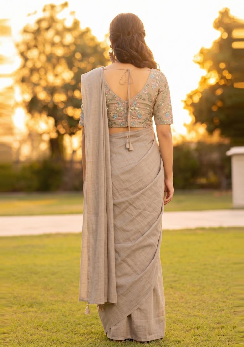 Light Brown Embroidered Georgette Pre Draped Saree Set - Indya