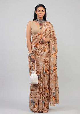 Beige Printed Crepe Pre Draped Saree Set