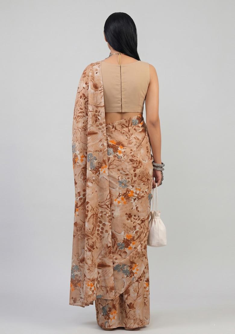 Beige Printed Crepe Pre Draped Saree Set - Indya