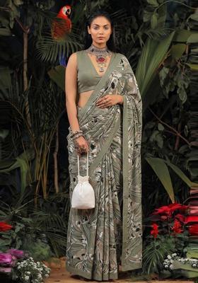 Olive Green Printed Crepe Pre Draped Saree Set