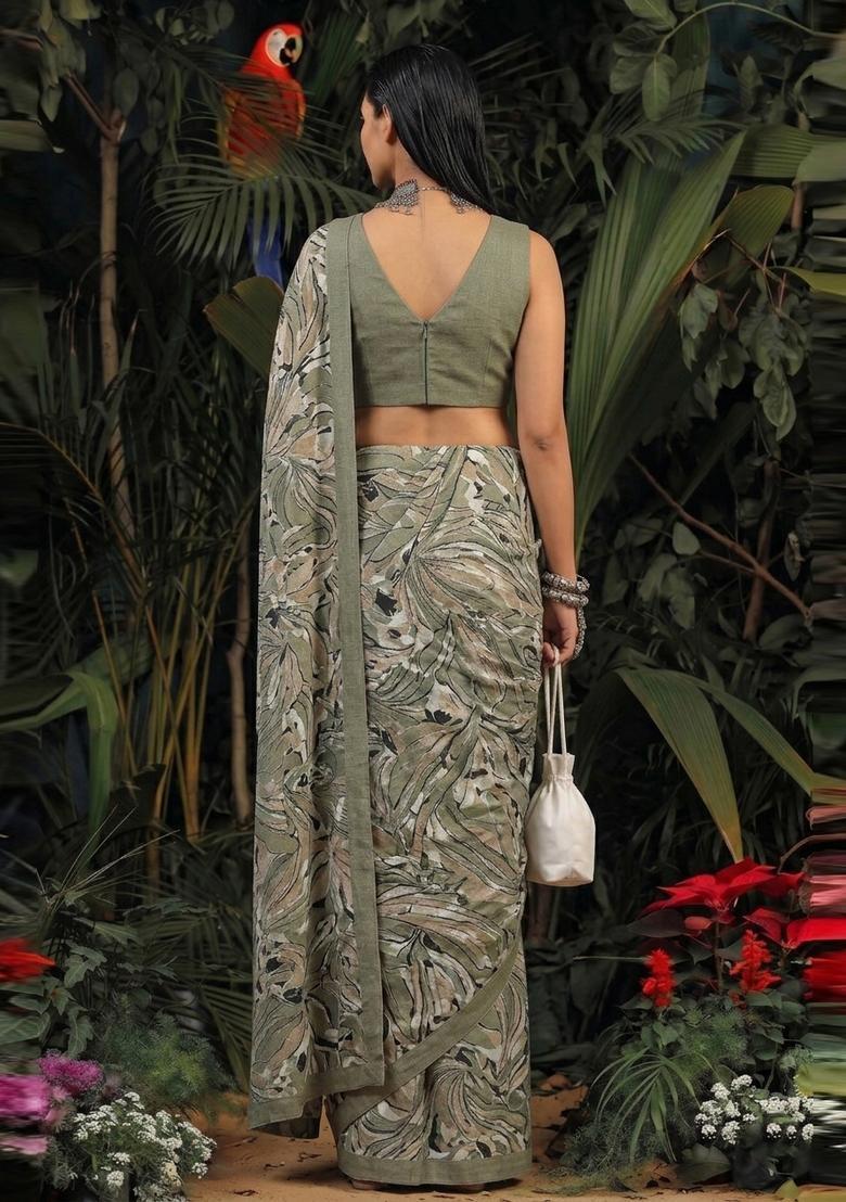 Olive Green Printed Crepe Pre Draped Saree Set - Indya