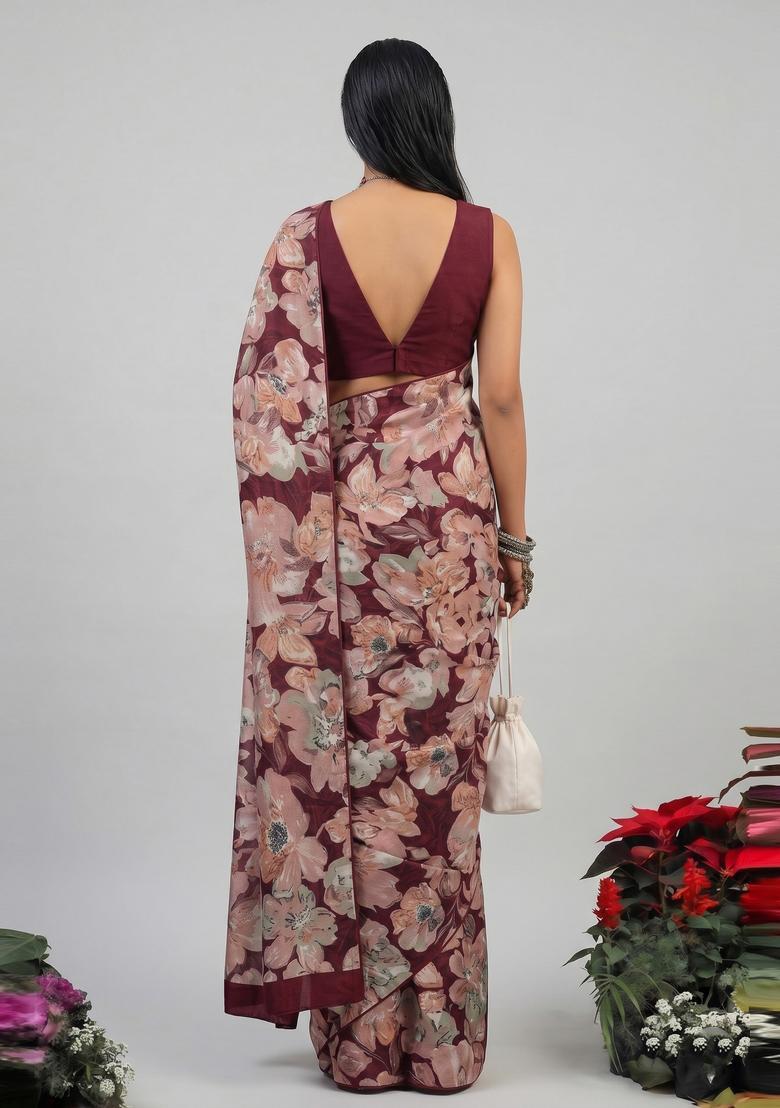 Burgundy Printed Crepe Pre Draped Saree Set - Indya