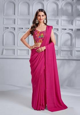 Magenta Embroidered Crepe Pre Draped Saree Set