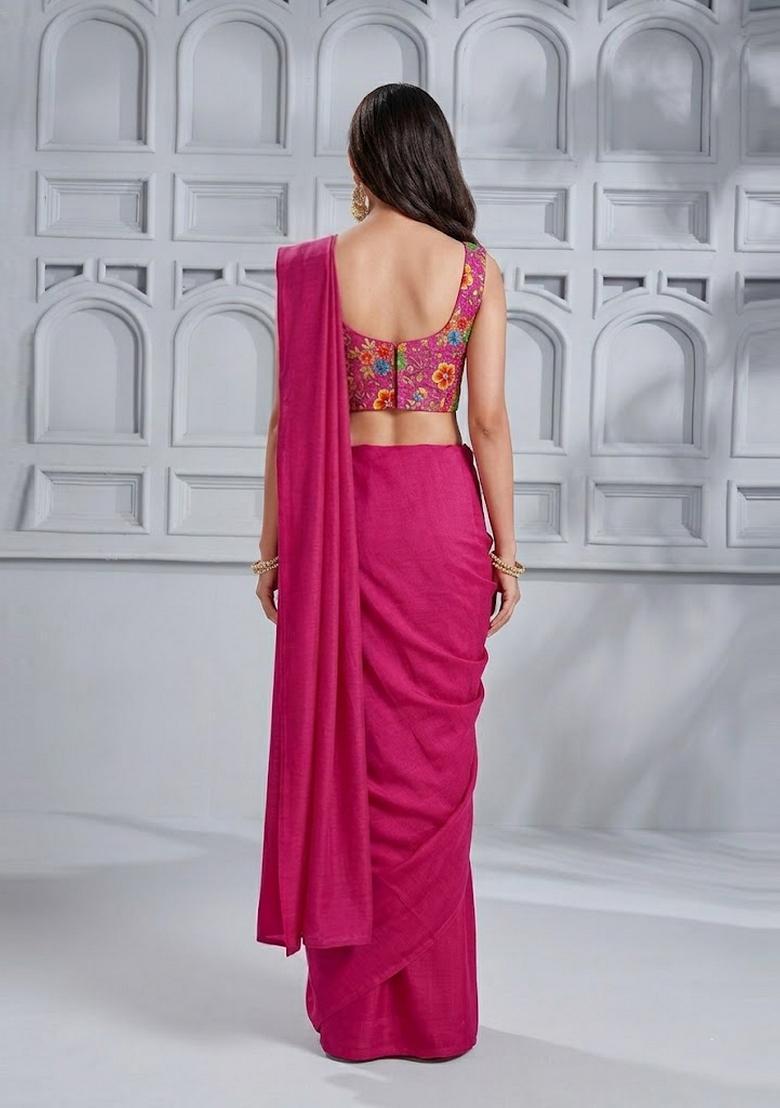 Magenta Embroidered Crepe Pre Draped Saree Set - Indya