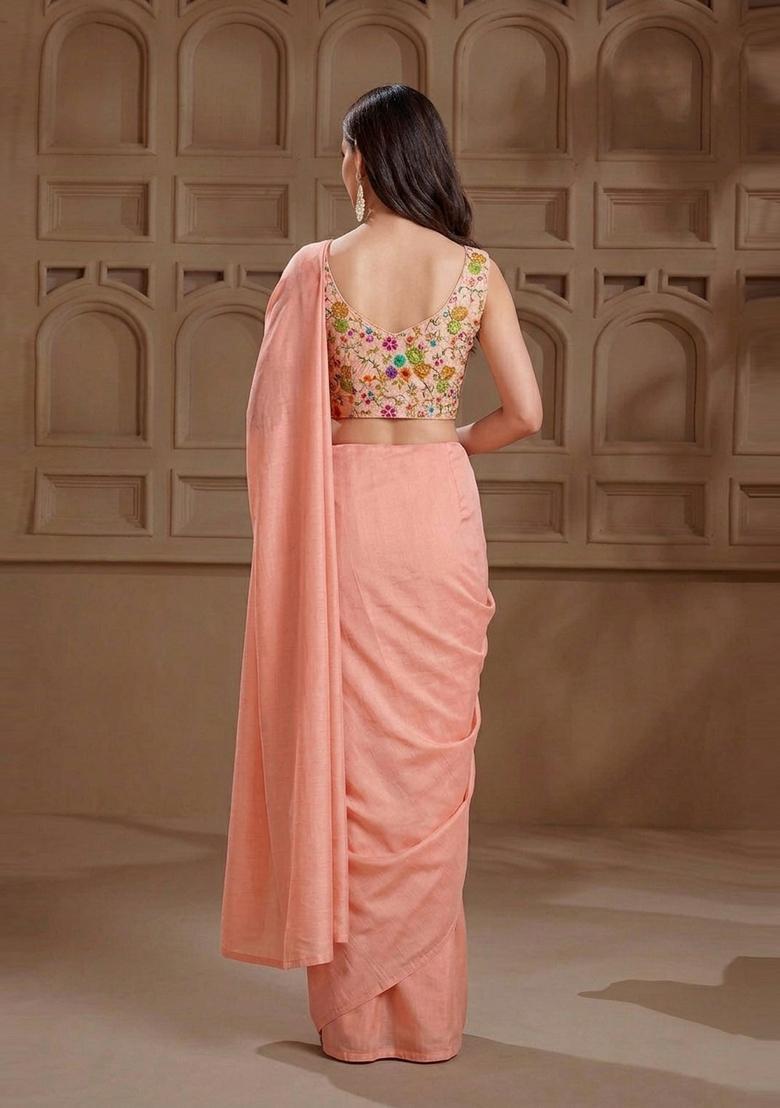 Peach Embroidered Crepe Pre Draped Saree Set - Indya