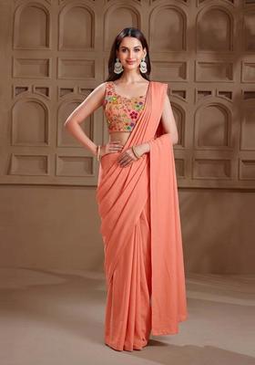 Peach Embroidered Crepe Pre Draped Saree Set