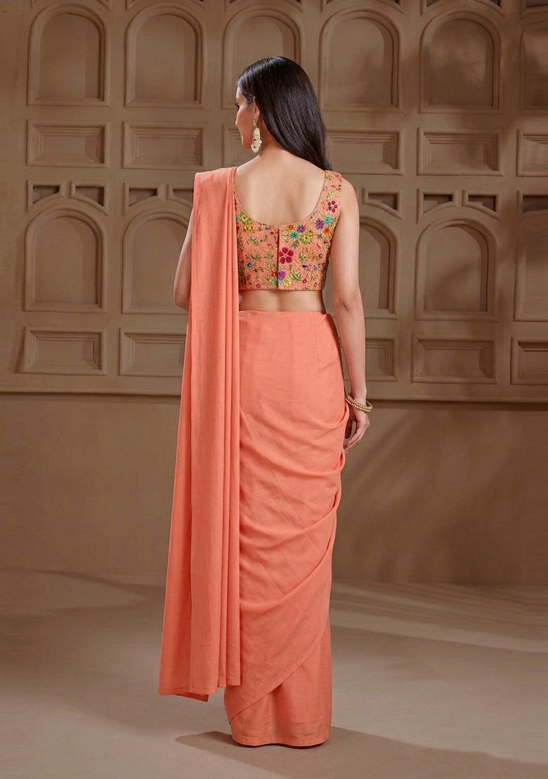 Peach Embroidered Crepe Pre Draped Saree Set - Indya