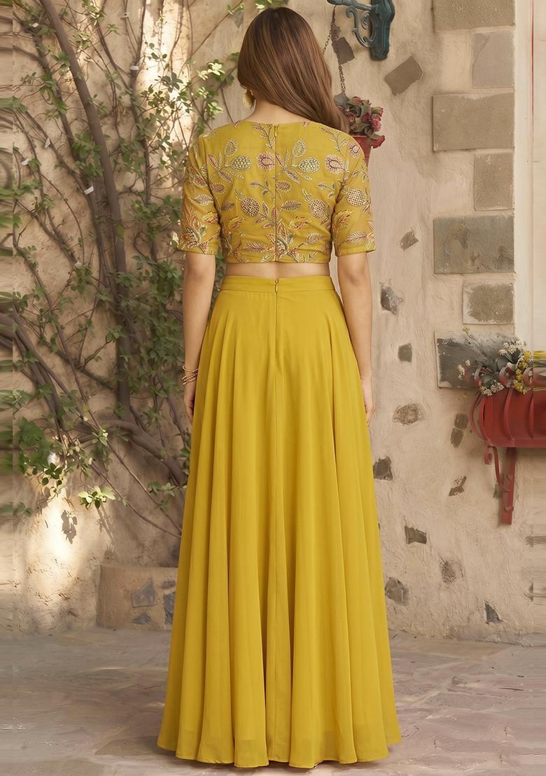 Mustard Printed Organza Lehenga Set - Indya
