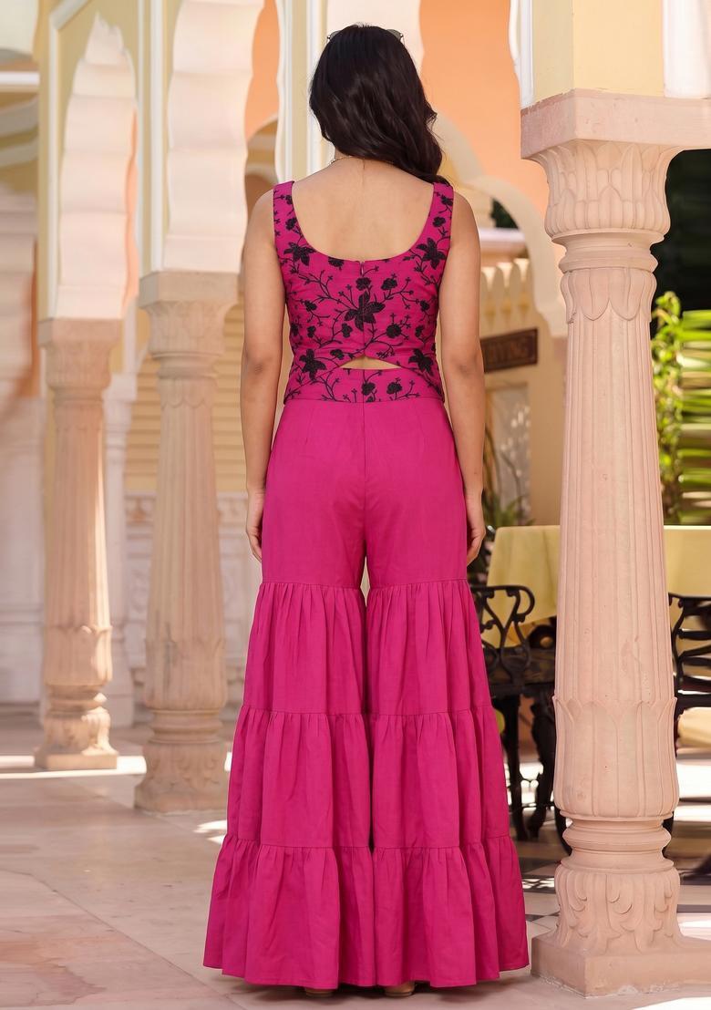 Magenta Embroidered Chanderi Fusion Set - Indya