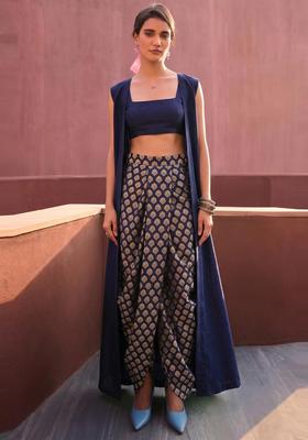 Navy Blue Brocade Fusion Set