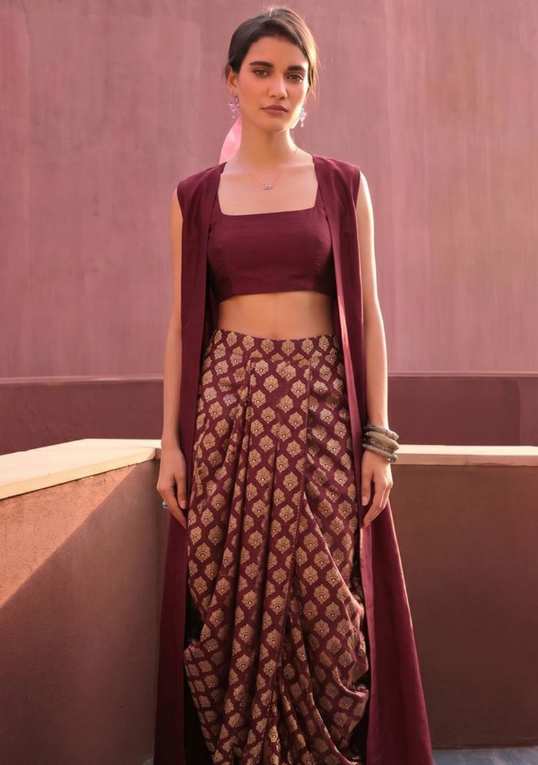 Maroon Brocade Fusion Set - Indya