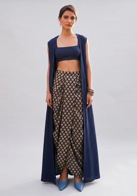 Navy Blue Brocade Fusion Set