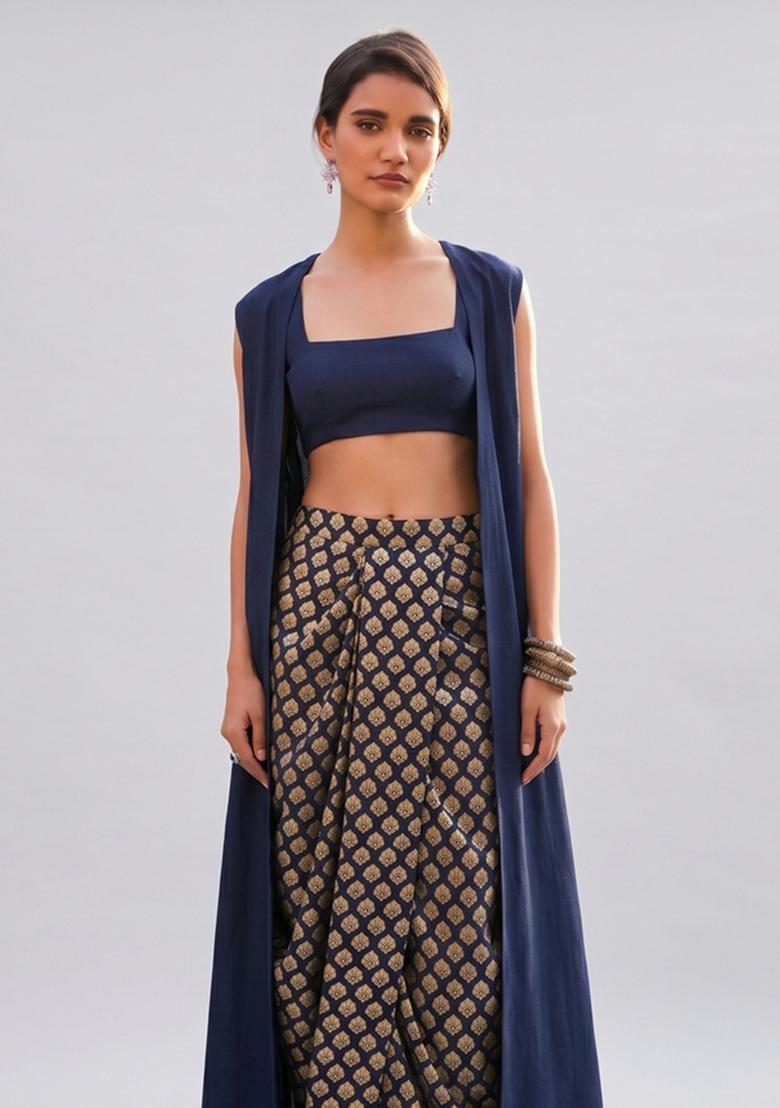 Navy Blue Brocade Fusion Set - Indya